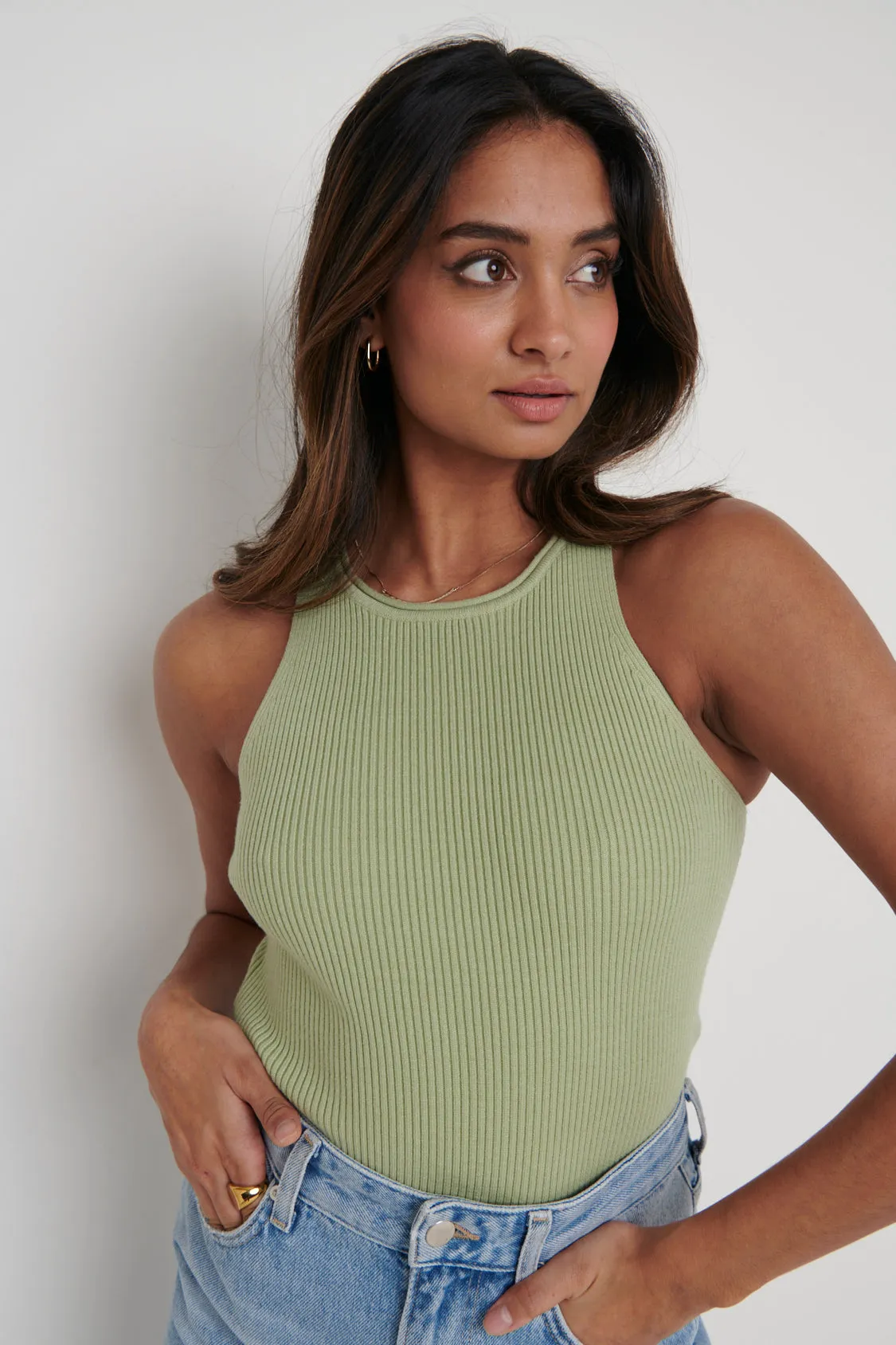 Billie Ribbed Racer Tee - Olive