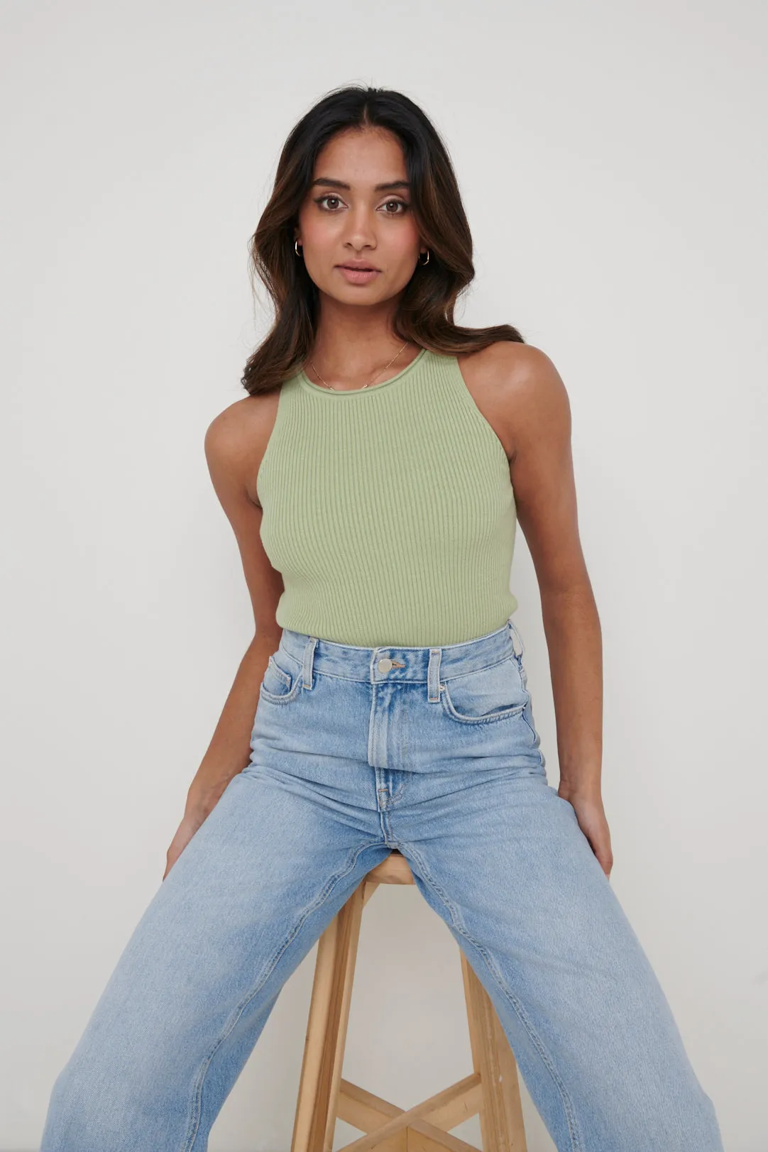 Billie Ribbed Racer Tee - Olive