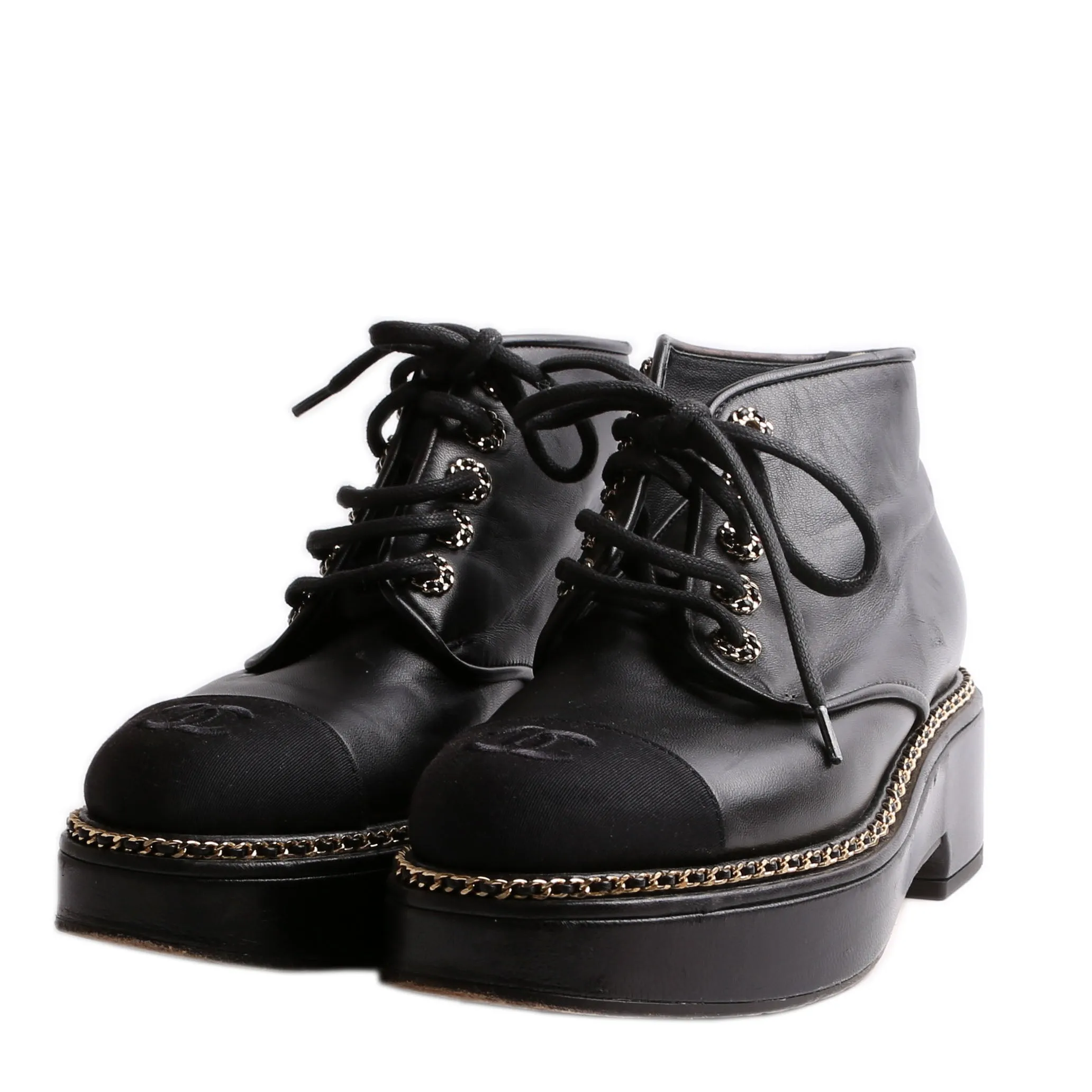 Calfskin Grosgrain Lace Up Booties Size 38.5