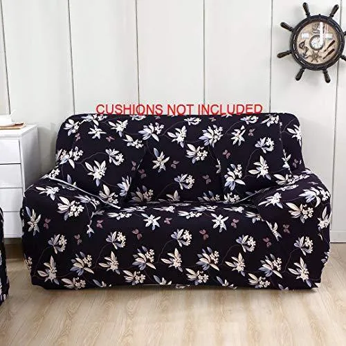 House of Quirk Universal Sofa Cover Big Elasticity Cover for Couch Flexible Stretch Sofa Slipcover (Black Flower, Double Seater 145-185 cm)