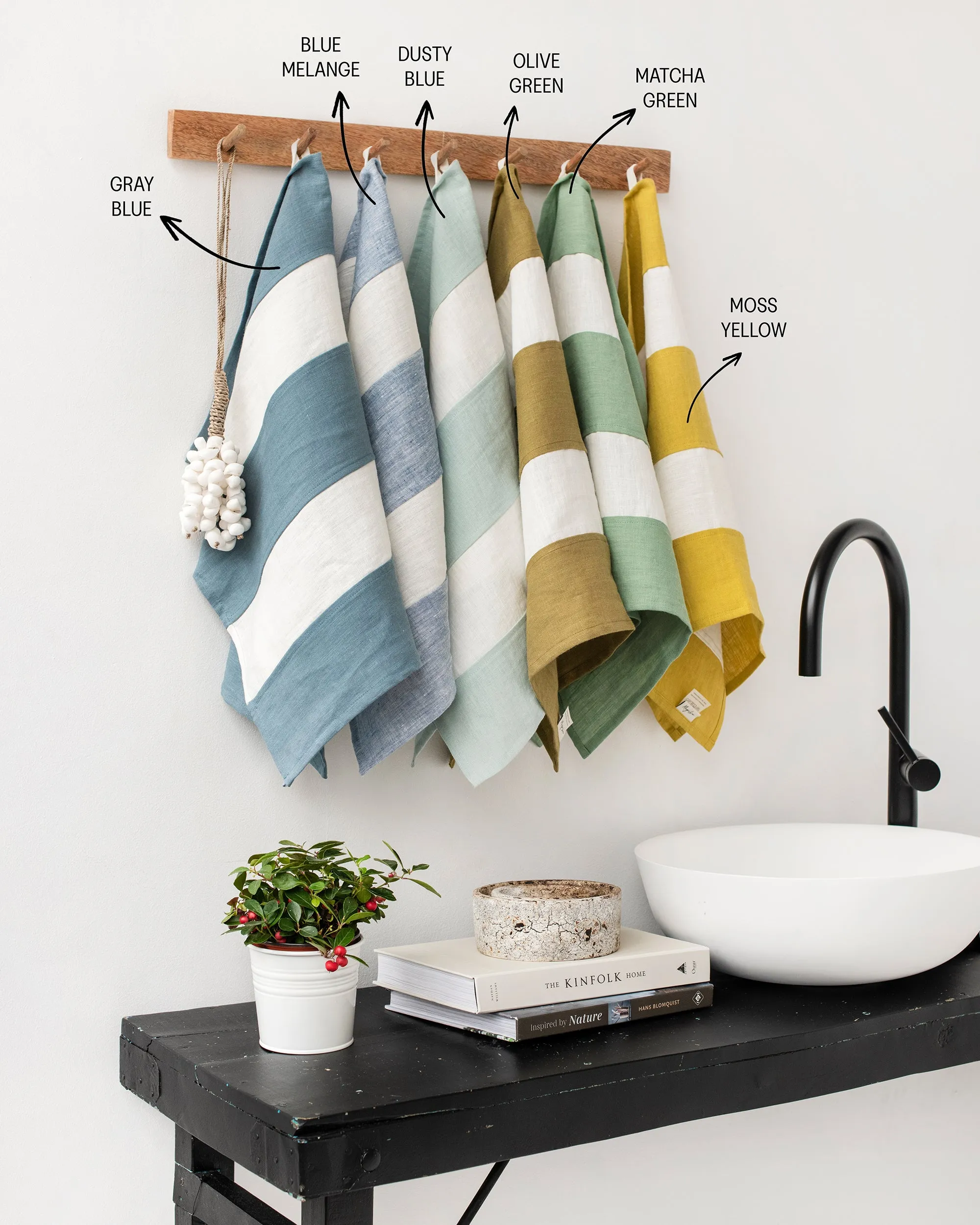 Zero-waste striped linen tea towel in Moss yellow