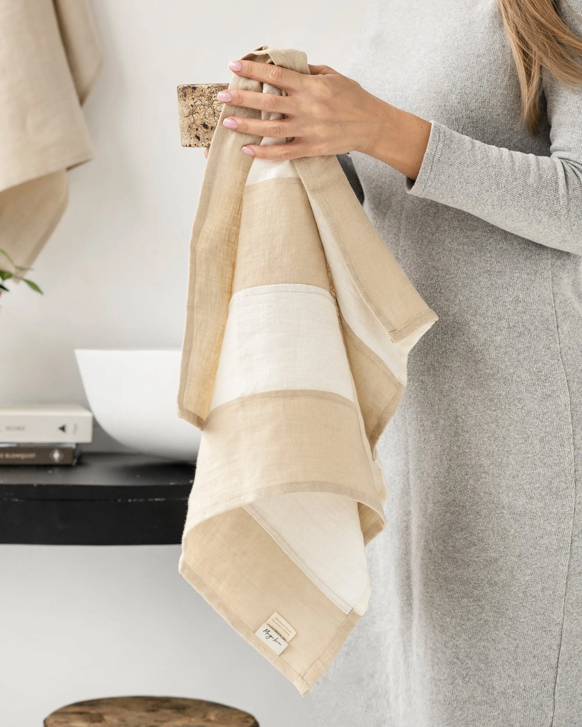 Zero-waste striped linen tea towel in Natural linen
